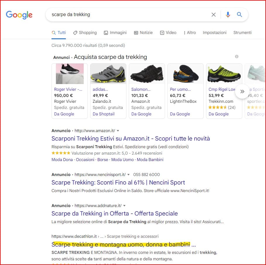 risultati serp con scarpe da trekking